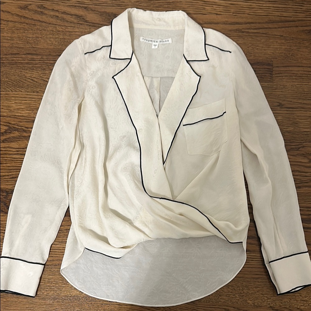 Veronica Beard Cream Blouse with Black Piping